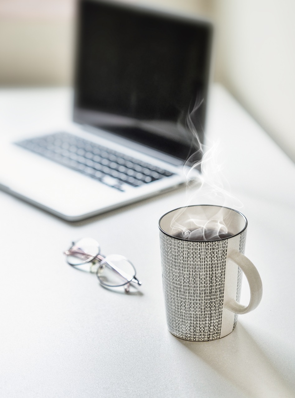desk, tea cup, coffee cup, tea, coffee, table, laptop, cup, mug, workplace